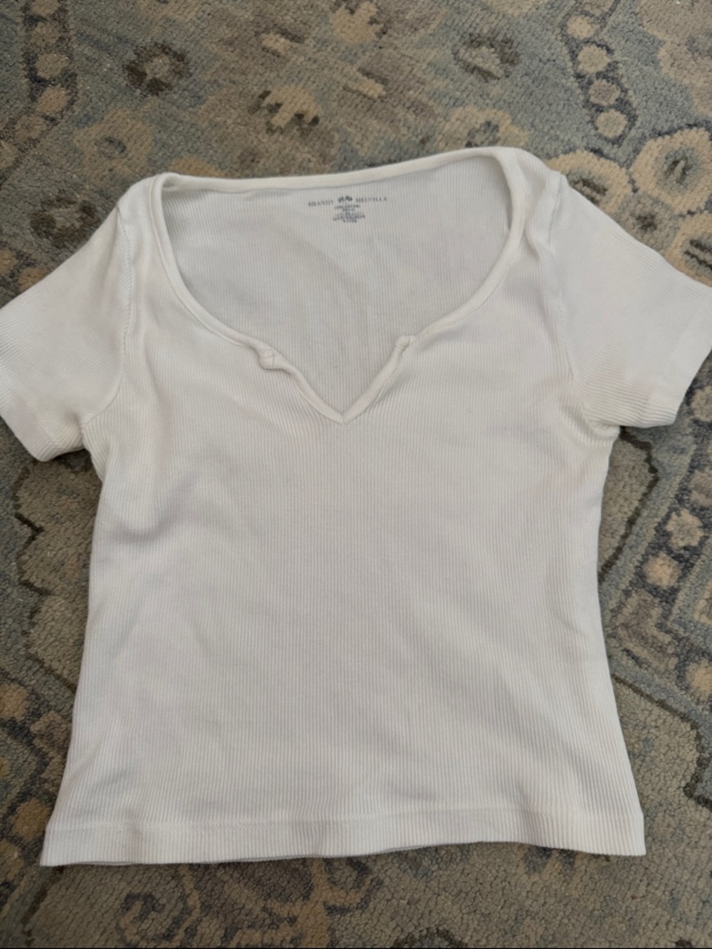 Brandy Melville White Ribbed V-Notch Short Sleeve Tee